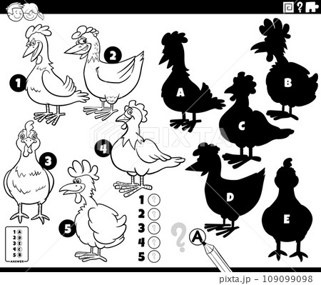 shadows game with cartoon chicken characters coloring page 109099098