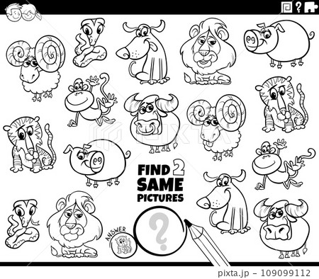 find two same cartoon animals activity coloring page 109099112