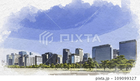 水彩画風　東京大手町　皇居外苑と大手町ビル群　東京都千代田区 109099327