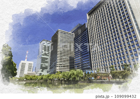 水彩画風 東京大手町 大手濠と大手町ビル群 東京都千代田区 水彩画風 東京大手町 大手濠と大手町ビル群 東京都千代田区 109099432