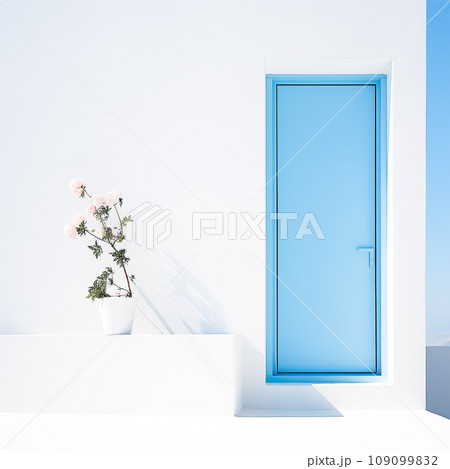 Blue door and flower on a white wall.  109099832