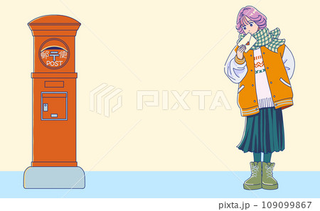 レトロなポストと手紙を出すか迷う女の子 レトロなポストと手紙を出すか迷う女の子 109099867