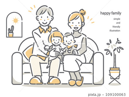 ソファに座る四人家族　シンプルでお洒落な線画イラスト 109100063