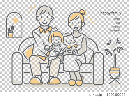 A family of four sitting on a sofa - simple and stylish line drawing illustration 109100063