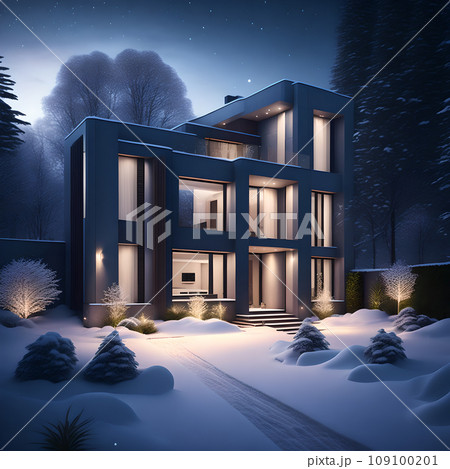 modern black house covered in snow in winter wallpaper 109100201