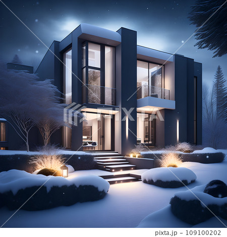 modern black house covered in snow in winter wallpaper 109100202