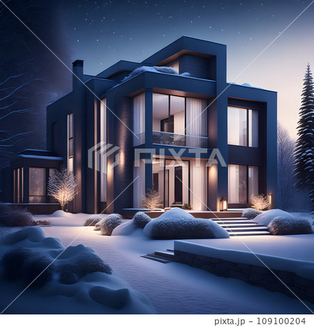 modern black house covered in snow in winter wallpaper 109100204
