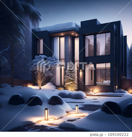 modern black house covered in snow in winter wallpaper 109100222