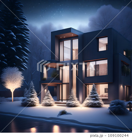 modern black house covered in snow in winter wallpaper 109100244