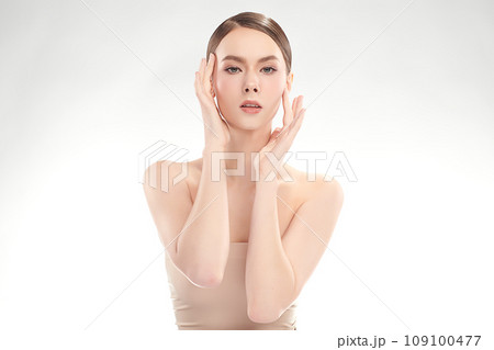 Beautiful young woman with clean fresh skin on white background, Face care, Facial treatment, Cosmetology, beauty and spa, women portrait. 109100477