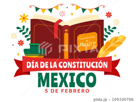 Dia De La Constitucion Vector Illustration. Translation: Happy Constitution Day of Mexico on February 5 with Mexican Hat and Waving Flag Background Dia De La Constitucion Vector Illustration. Translation: Happy Constitution Day of Mexico on February 5 with Mexican Hat and Waving Flag Background 109100706