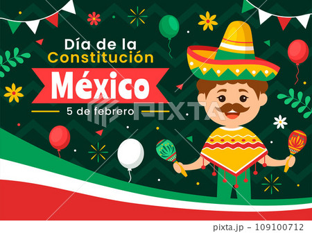 Dia De La Constitucion Vector Illustration. Translation: Happy Constitution Day of Mexico on February 5 with Mexican Hat and Waving Flag Background 109100712