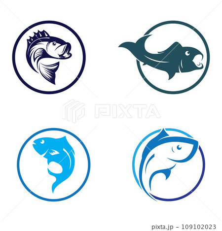 Fish logo, fishinghook, fish oil and seafood restaurant icon. With vector icon concept design illustration template 109102023