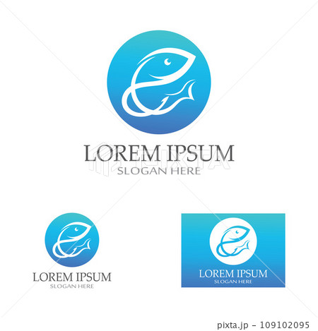 Fish logo, fishinghook, fish oil and seafood restaurant icon. With vector icon concept design illustration template Fish logo, fishinghook, fish oil and seafood restaurant icon. With vector icon concept design illustration template 109102095