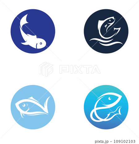 Fish logo, fishinghook, fish oil and seafood restaurant icon. With vector icon concept design illustration template Fish logo, fishinghook, fish oil and seafood restaurant icon. With vector icon concept design illustration template 109102103
