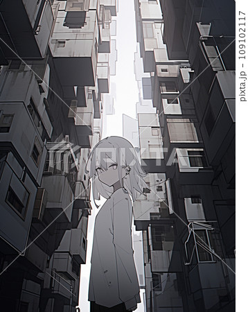 退廃的な雰囲気の建物と少女 109102117