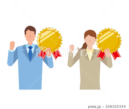 メダルを持ったスーツ姿の男女 メダルを持ったスーツ姿の男女 109103354
