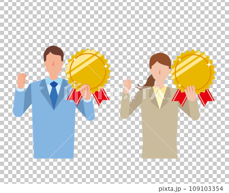 メダルを持ったスーツ姿の男女 メダルを持ったスーツ姿の男女 109103354