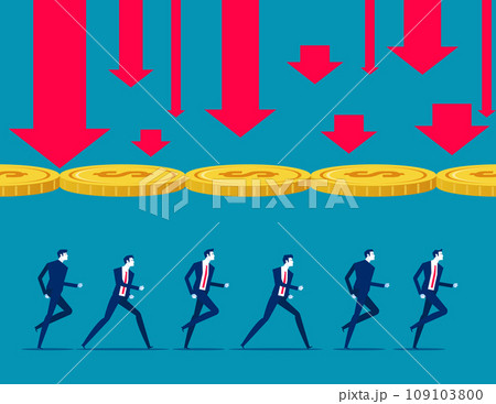 Huge coin blocking the falling arrow helps a group of business team to clear a new way. Business vector illustration concept 109103800