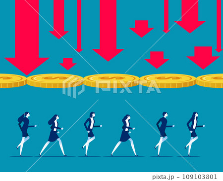 Huge coin blocking the falling arrow helps a group of business team to clear a new way. Business vector illustration concept 109103801