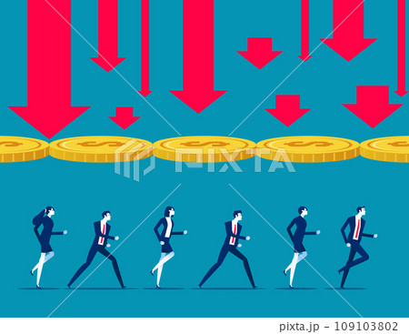 Huge coin blocking the falling arrow helps a group of business team to clear a new way. Business vector illustration concept 109103802