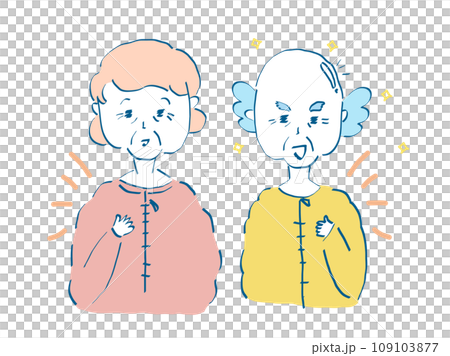 お出かけにダウンコートを着る高齢者シニアが防寒着を着るシニアのイラスト素材 109103877