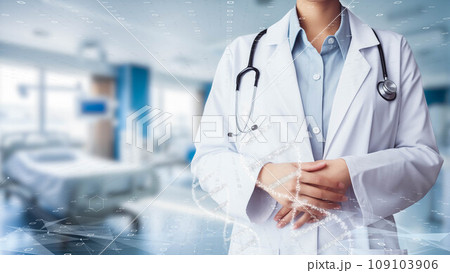 DNAとグローバルを背景とした先進医療・遠隔治療のイメージ　先進技術を使った新しい治療法と人類の希望 109103906