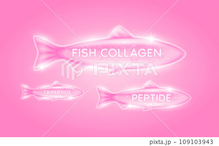 Pink fish collagen peptide, tripeptide solution with molecular. Oil omega extracted from nature fish. Vitamins serum bone and skin care. For cosmetic or beauty nutrition. Vector EPS10. Pink fish collagen peptide, tripeptide solution with molecular. Oil omega extracted from nature fish. Vitamins serum bone and skin care. For cosmetic or beauty nutrition. Vector EPS10. 109103943