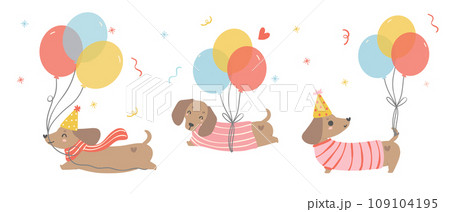 Cute Birthday card banner with Dachshund sausage Dogs. Kawaii greeting card cartoon hand drawing flat design graphic illustration. Cute Birthday card banner with Dachshund sausage Dogs. Kawaii greeting card cartoon hand drawing flat design graphic illustration. 109104195