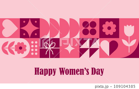 8 march modern neo geometric abstract background. International womens day poster. Composition of simple icons in bauhaus minimalist style. Vector illustration. Grid with red geometrical shapes 8 march modern neo geometric abstract background. International womens day poster. Composition of simple icons in bauhaus minimalist style. Vector illustration. Grid with red geometrical shapes 109104385