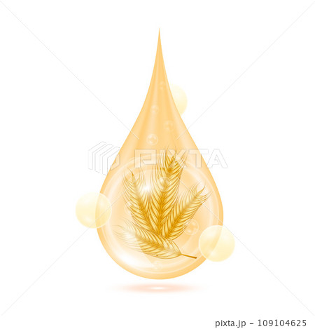 Barley in drop serum. Vitamin collagen anti aging serum. Natural skincare cosmetic. Water droplets cream with oxygen bubbles isolated on white background. Realistic 3d vector. 109104625