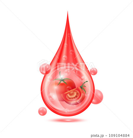 Tomato in drop serum. Vitamin collagen anti aging serum. Natural skincare cosmetic. Water droplets cream with oxygen bubbles isolated on white background. Realistic 3d vector. Tomato in drop serum. Vitamin collagen anti aging serum. Natural skincare cosmetic. Water droplets cream with oxygen bubbles isolated on white background. Realistic 3d vector. 109104884