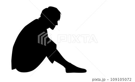 体育座りして悩む若い男性のシルエット 体育座りして悩む若い男性のシルエット 109105072