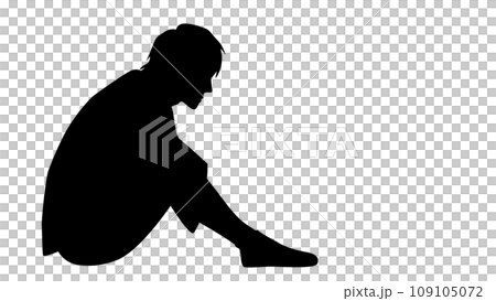 体育座りして悩む若い男性のシルエット 体育座りして悩む若い男性のシルエット 109105072