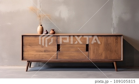 Brown wooden chest of drawers against a concrete wall. Brown wooden chest of drawers against a concrete wall. 109105815