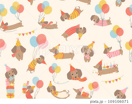 cute Birthday dog pattern seamless background with party dachshund sausage dog cartoon illustration. cute Birthday dog pattern seamless background with party dachshund sausage dog cartoon illustration. 109106071