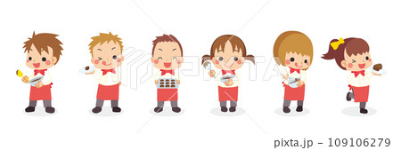 チョコ作りをする可愛い小さな子供たちのイラスト　セット　バレンタイン　ショコラティエ　白背景　全身 109106279