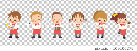 チョコ作りをする可愛い小さな子供たちのイラスト　セット　バレンタイン　ショコラティエ　白背景　全身 109106279