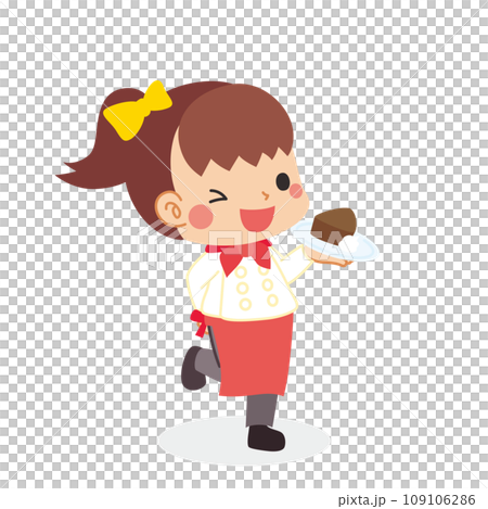 Illustration of a cute little girl holding a chocolate cake Valentine's Day Chocolatier White background Full body 109106286