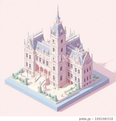 アイソメトリック構図の模型の様な西洋の城｢AI生成画像｣の