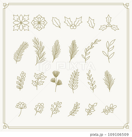 Christmas plants vector illustration drawn with gold lines. Christmas plants vector illustration drawn with gold lines. 109106509