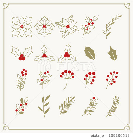 Christmas plants vector illustration drawn with gold lines. 109106515