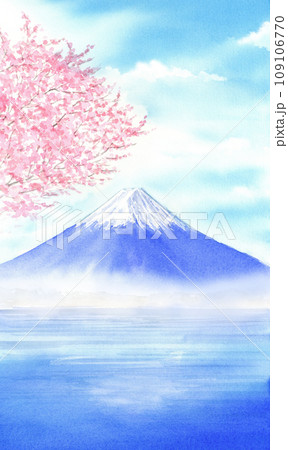 湖に映る富士山と桜の水彩画　縦長 109106770