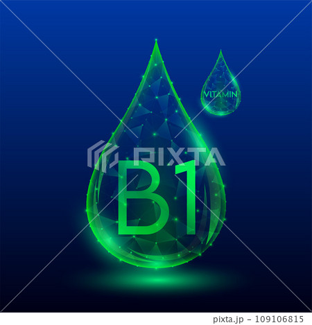 Vitamins complex skin care anti aging. Vitamin B1 drop green translucent low poly on dark blue background. Multivitamins collagen supplement. Cosmetics nutrition design. Vector EPS 10 illustration. Vitamins complex skin care anti aging. Vitamin B1 drop green translucent low poly on dark blue background. Multivitamins collagen supplement. Cosmetics nutrition design. Vector EPS 10 illustration. 109106815