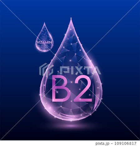Vitamins complex skin care anti aging. Vitamin B2 drop pink translucent low poly on dark blue background. Multivitamins collagen supplement. Cosmetics nutrition design. Vector EPS 10 illustration. Vitamins complex skin care anti aging. Vitamin B2 drop pink translucent low poly on dark blue background. Multivitamins collagen supplement. Cosmetics nutrition design. Vector EPS 10 illustration. 109106817