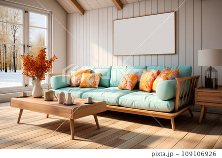 Bright colorful interior of the living room in a minimalist vintage style. A blue sofa with wooden legs and a coffee table in the room, a picture on the wall and a table lamp 109106926