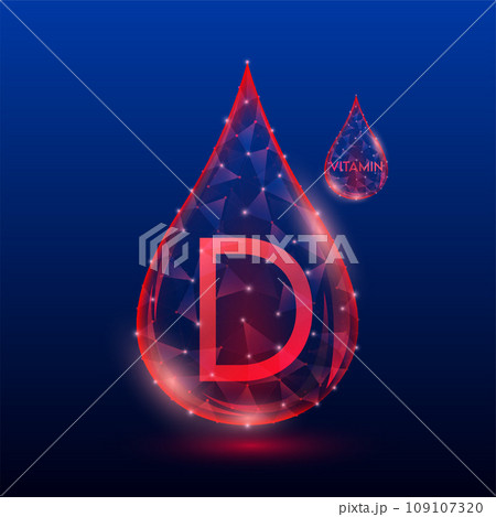 Vitamins complex skin care anti aging. Vitamin D drop red translucent low poly on dark blue background. Multivitamins collagen supplement. Cosmetics nutrition design. Vector EPS 10 illustration. 109107320