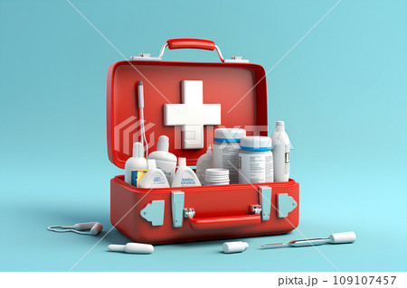 Medical equipment First Aid Kit 3D cartoon style. Medical concept. Generative AI	 109107457