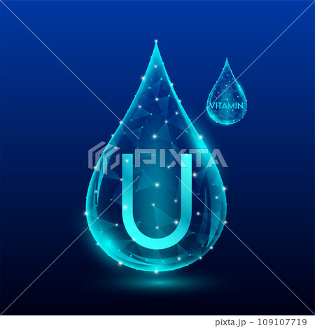 Vitamins complex skin care anti aging. Vitamin U drop blue translucent low poly on dark blue background. Multivitamins collagen supplement. Cosmetics nutrition design. Vector EPS 10 illustration. Vitamins complex skin care anti aging. Vitamin U drop blue translucent low poly on dark blue background. Multivitamins collagen supplement. Cosmetics nutrition design. Vector EPS 10 illustration. 109107719