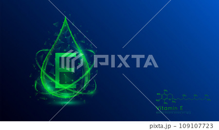Vitamin E drop green low poly and structure chemical formula. Medicine science innovative. Multivitamins complex collagen supplement skincare anti aging. Cosmetics nutrition banner design. Vector. Vitamin E drop green low poly and structure chemical formula. Medicine science innovative. Multivitamins complex collagen supplement skincare anti aging. Cosmetics nutrition banner design. Vector. 109107723